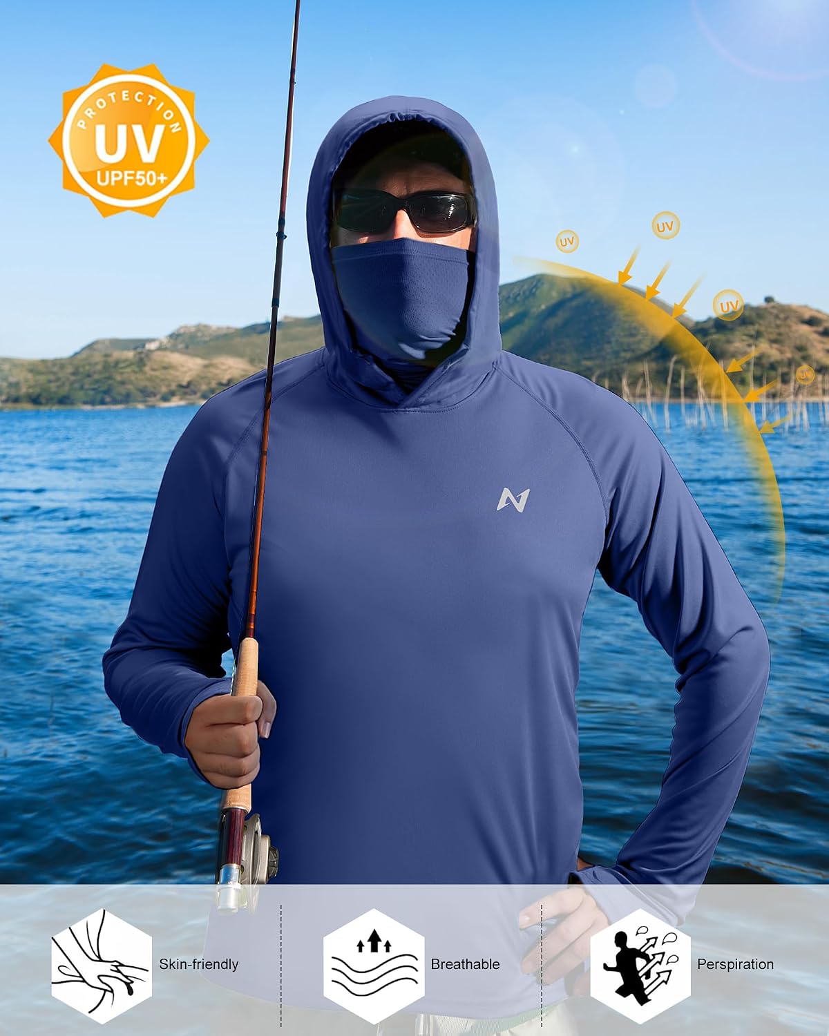 isnowood Mens UPF 50+ Sun Hoodie Long Sleeve Fishing Shirt with Face Mask
