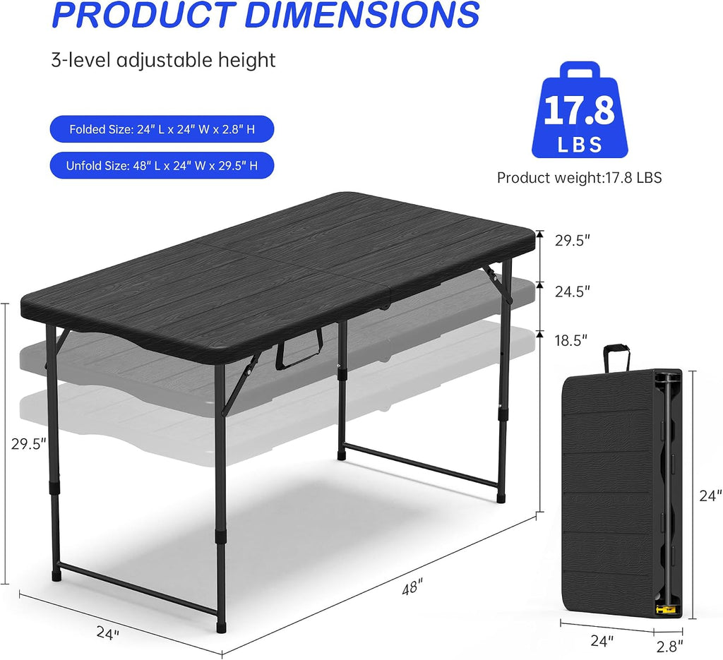 VSOAEIL 4 FT Folding Table 2 Pack Plastic Foldable Table Adjustable Height