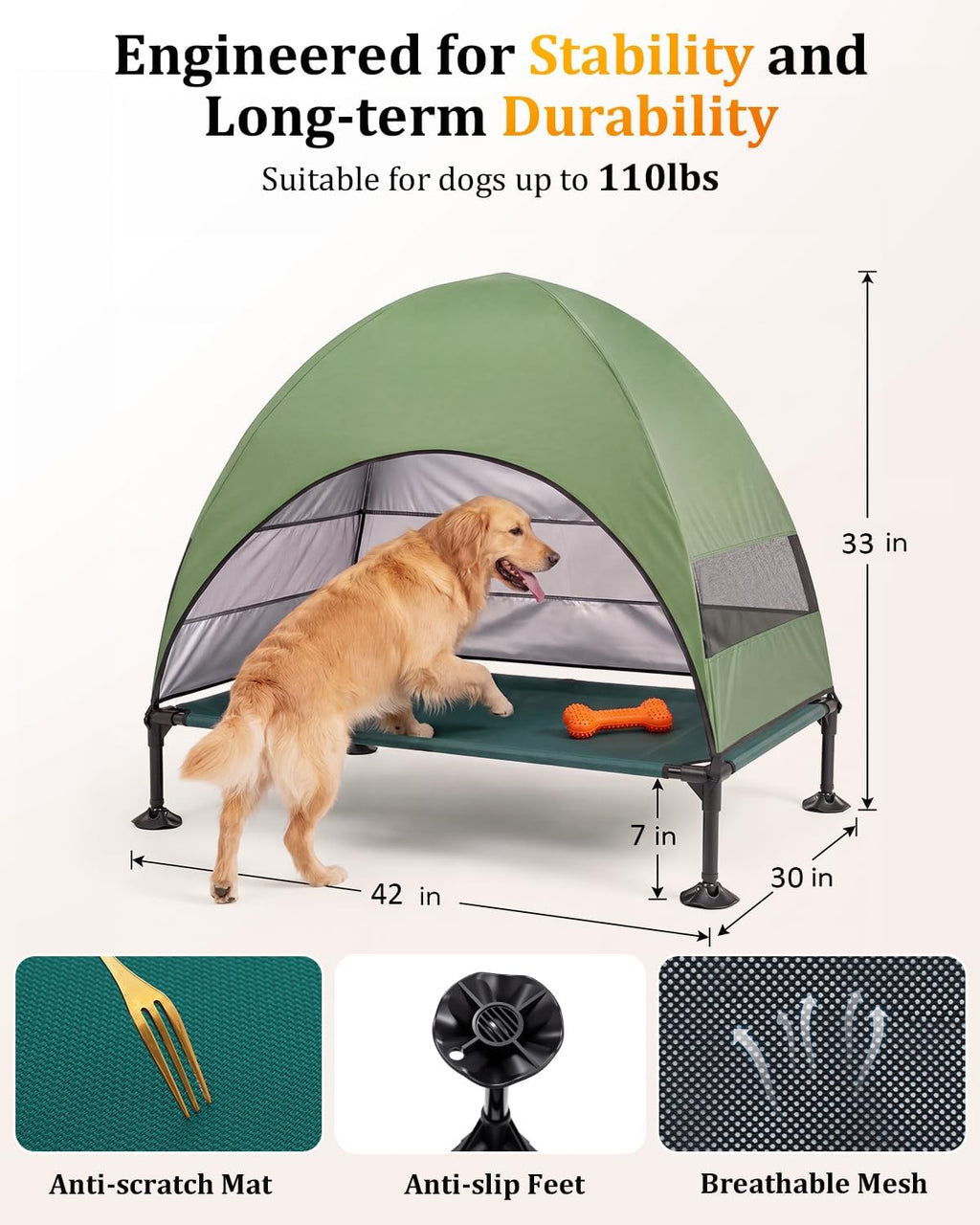 Elevated Outdoor Dog Bed with Canopy, Raised Dog Cot with Stable Adjustable Feet, Dog Camping Bed with Larger Shade, Lifted Dog Tent Bed with Canopy for Outside (Green, Large)