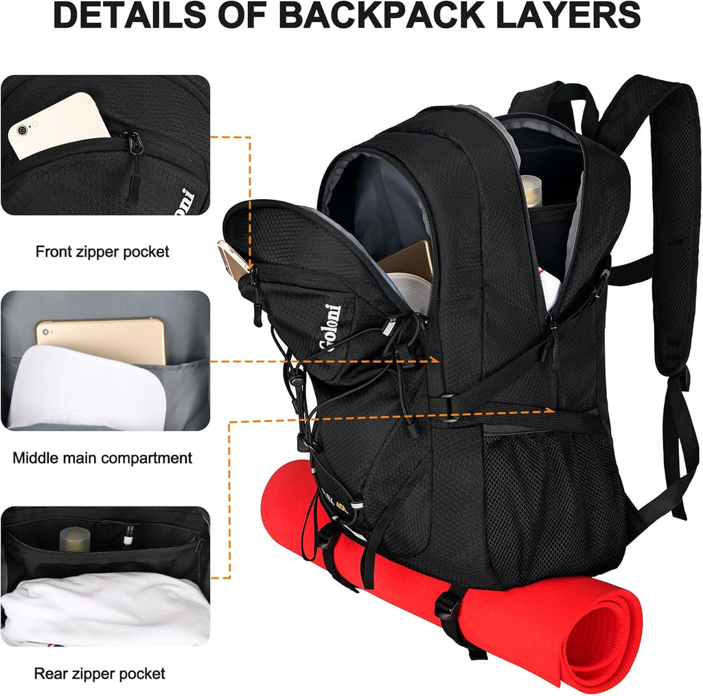 Goloni 45L Hiking Backpack Lightweight Foldable, Waterproof Camping Backpack with Rain Cover & Hiking Pole Mat Carrying System, Ergonomic Water Resistant Daypack for Trekking Travel Men Women,Black