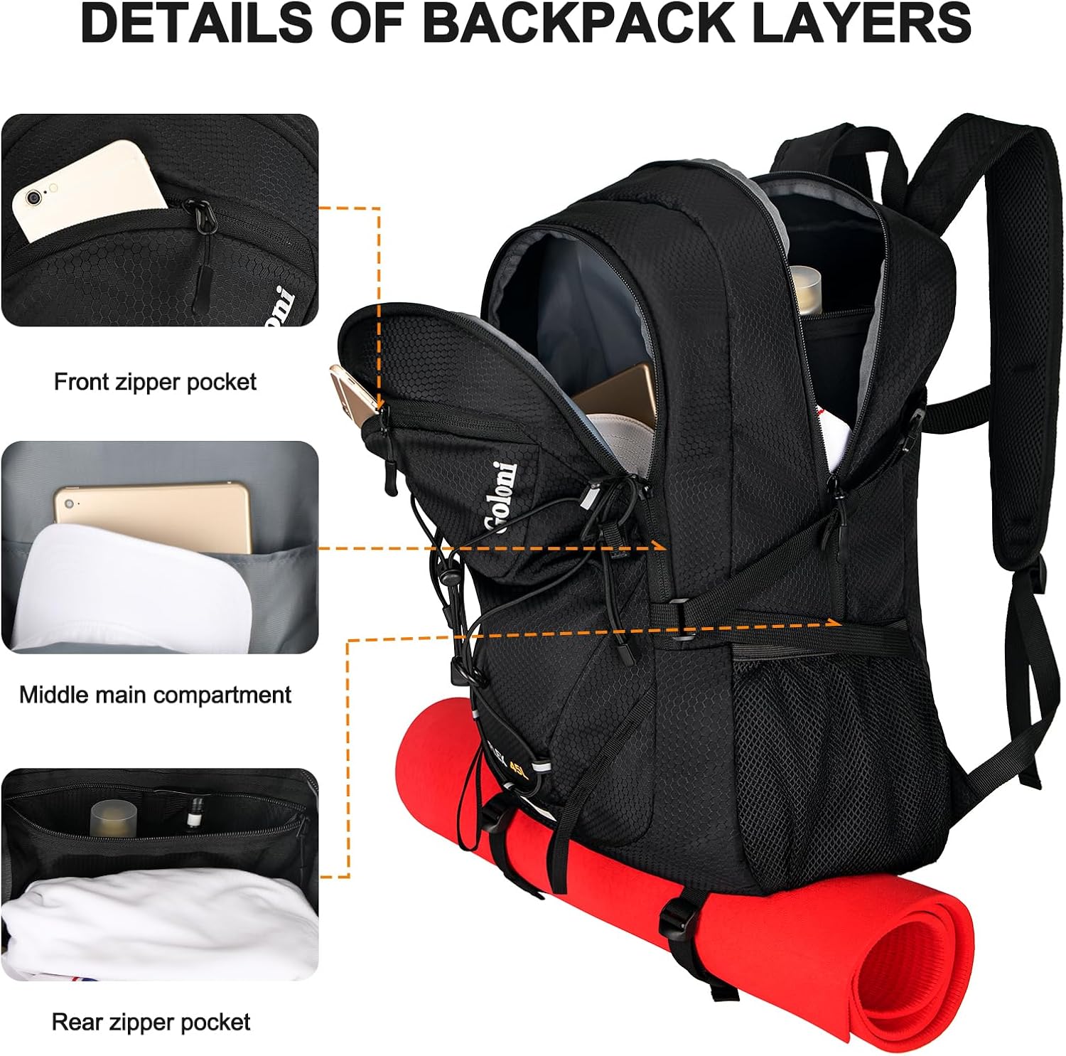 Goloni 45L Hiking Backpack Lightweight Foldable, Waterproof Camping Backpack with Rain Cover & Hiking Pole Mat Carrying System, Ergonomic Water Resistant Daypack for Trekking Travel Men Women,Black