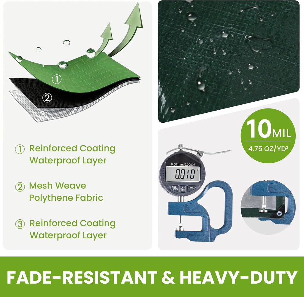 16x20Ft Tarps Heavy Duty Waterproof Green 10 Mil, Reinforced Edges Grommets