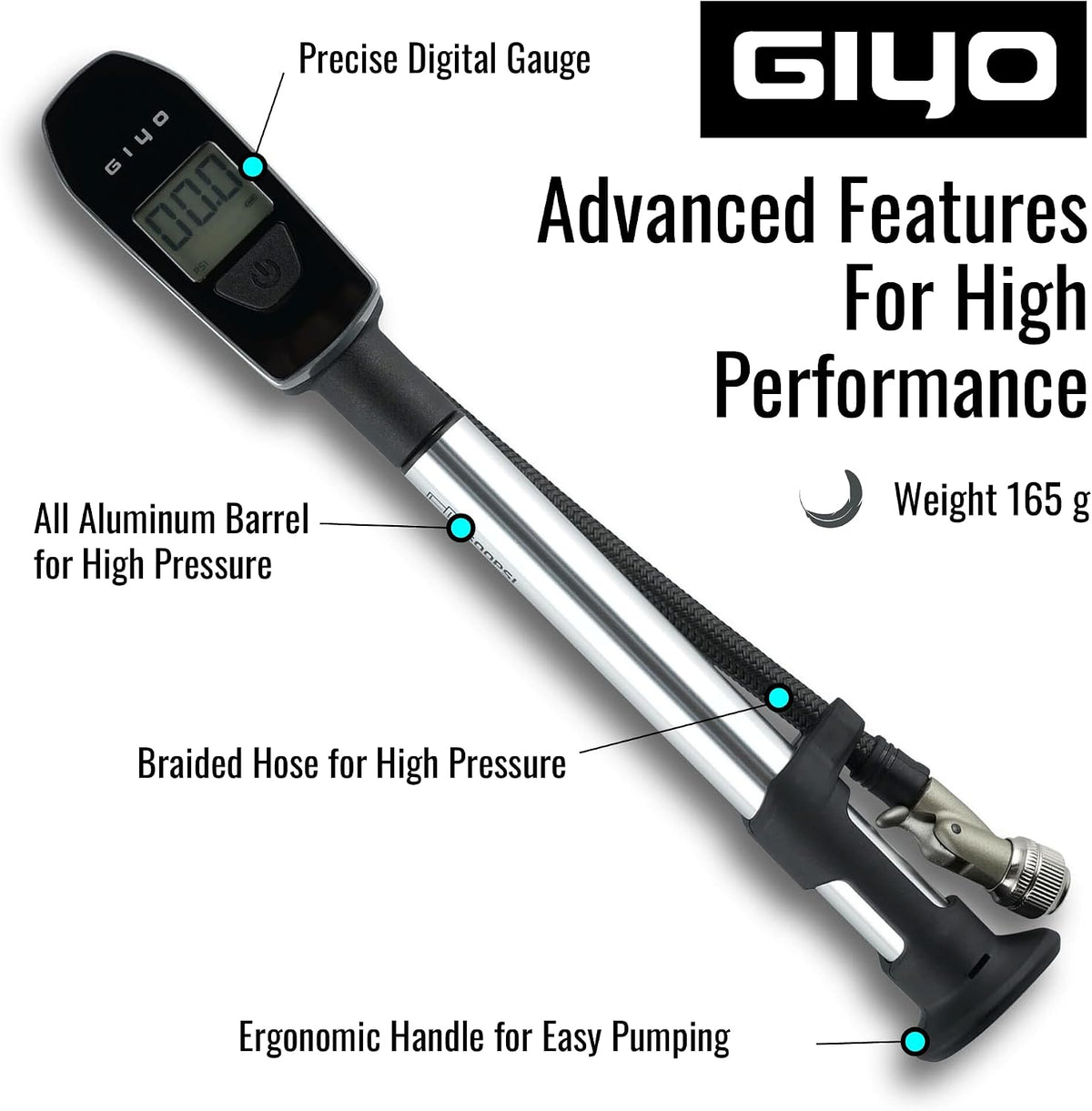 GIYO Digital Shock Pump 600 PSI – Turbo-Assist for Easy Inflation, Micro Air-Bleeder, Robust Aluminum Barrel, Comfort Grip & Braided Hose, Ideal for Fork & Rear Suspension GS-52L