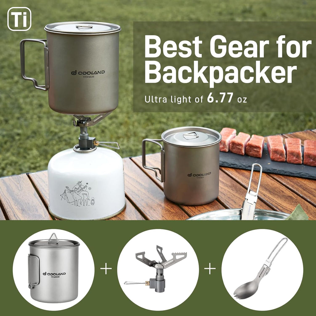 Odoland Titanium Camping Cookware 750ML Titanium Pot with Camping Stove and Spork Portable Pot for Backpacking, Hiking, Traveling and Picnic