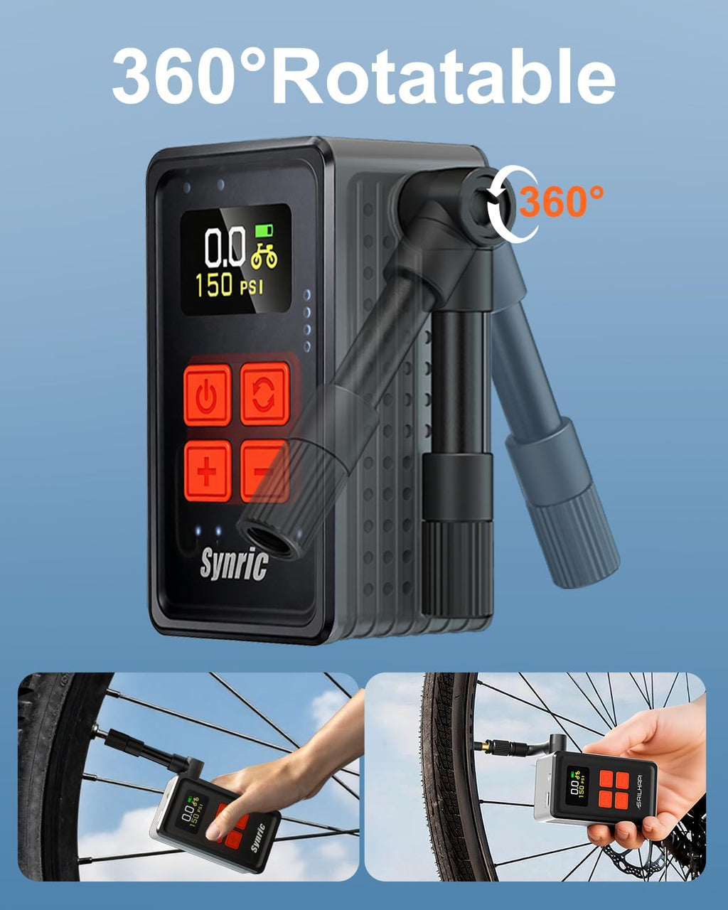 Mini Bike Tire Pump, 150PSI Fast Inflate Bike Pump with Gauge, Auto Stop, Portable Electric Air Pump with Presta & Schrader Valve, 360° Flexible Hose for Mountain Bike, Road Bike, E-Bike