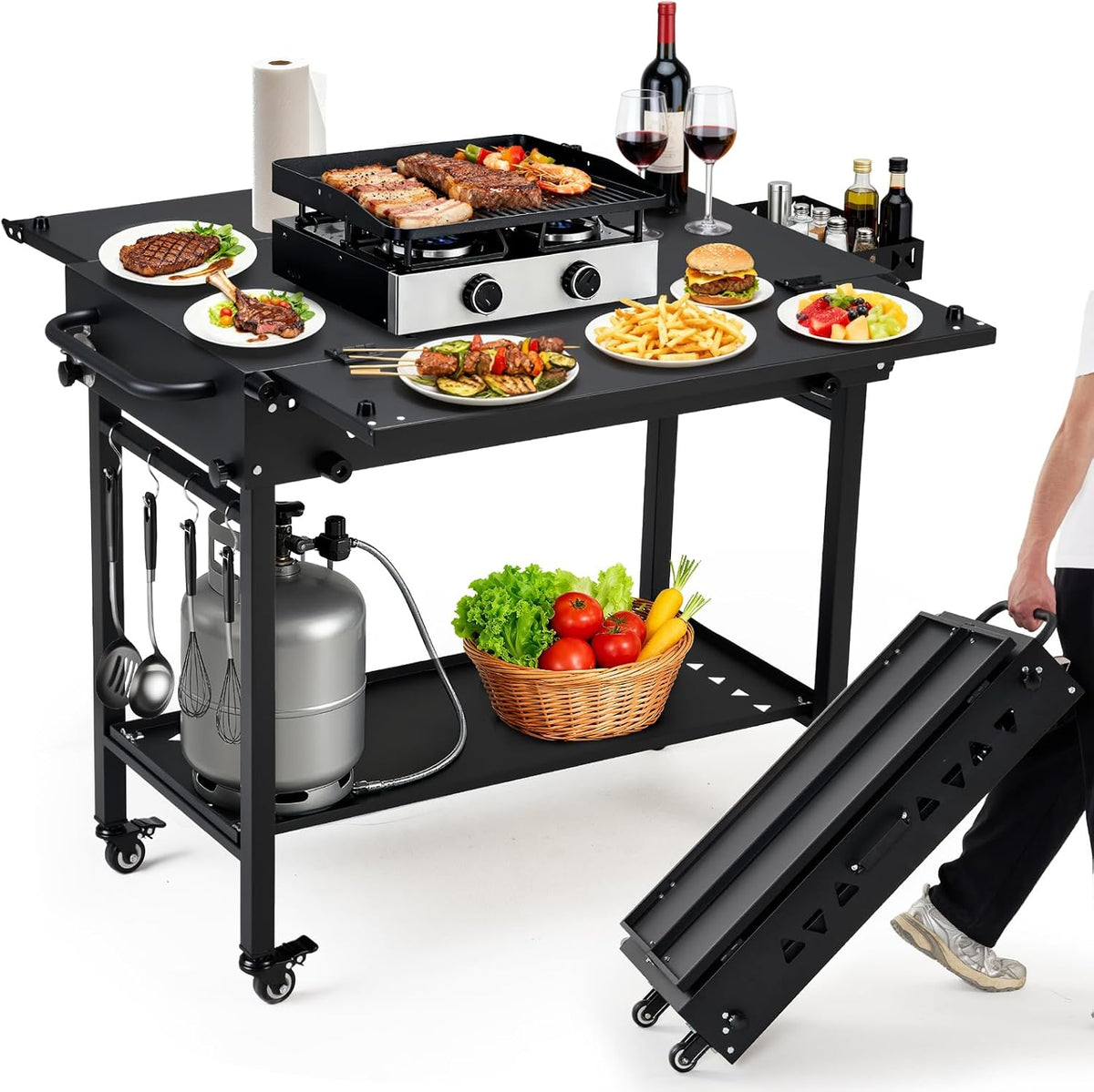 Outdoor Grill Cart Table Griddle Stand, Folding Grill Table with Wheels