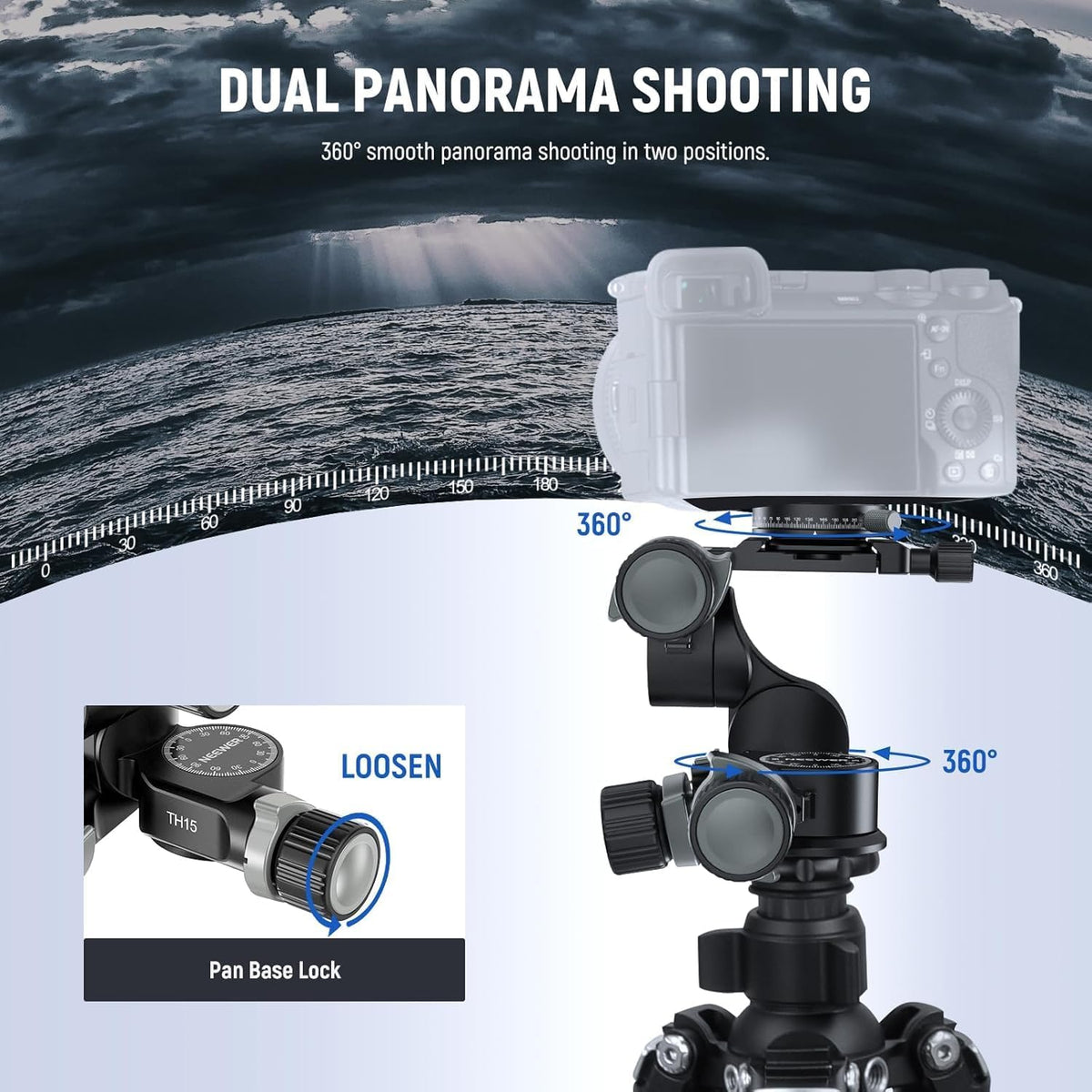 NEEWER 3 Way Geared Tripod Head with 360° Panoramic Arca QR Plate, TH15
