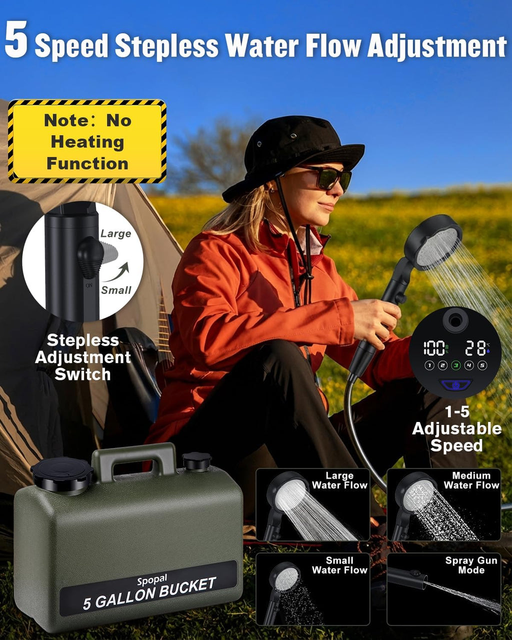 Spopal Portable Shower for Camping with 5-Gallon Water Jug, 10000mAh