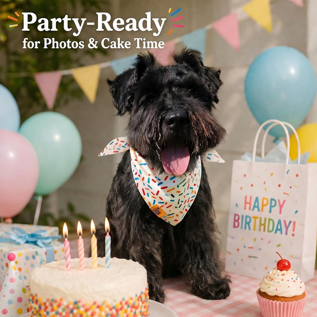 Dog Birthday Bandana, Reversible Soft Breathable Adjustable Pet Scarf for Medium & Large Dogs, Party Photo Outfit for Boy or Girl, Sprinkle and Stripe, Medium Fits Up to 18"