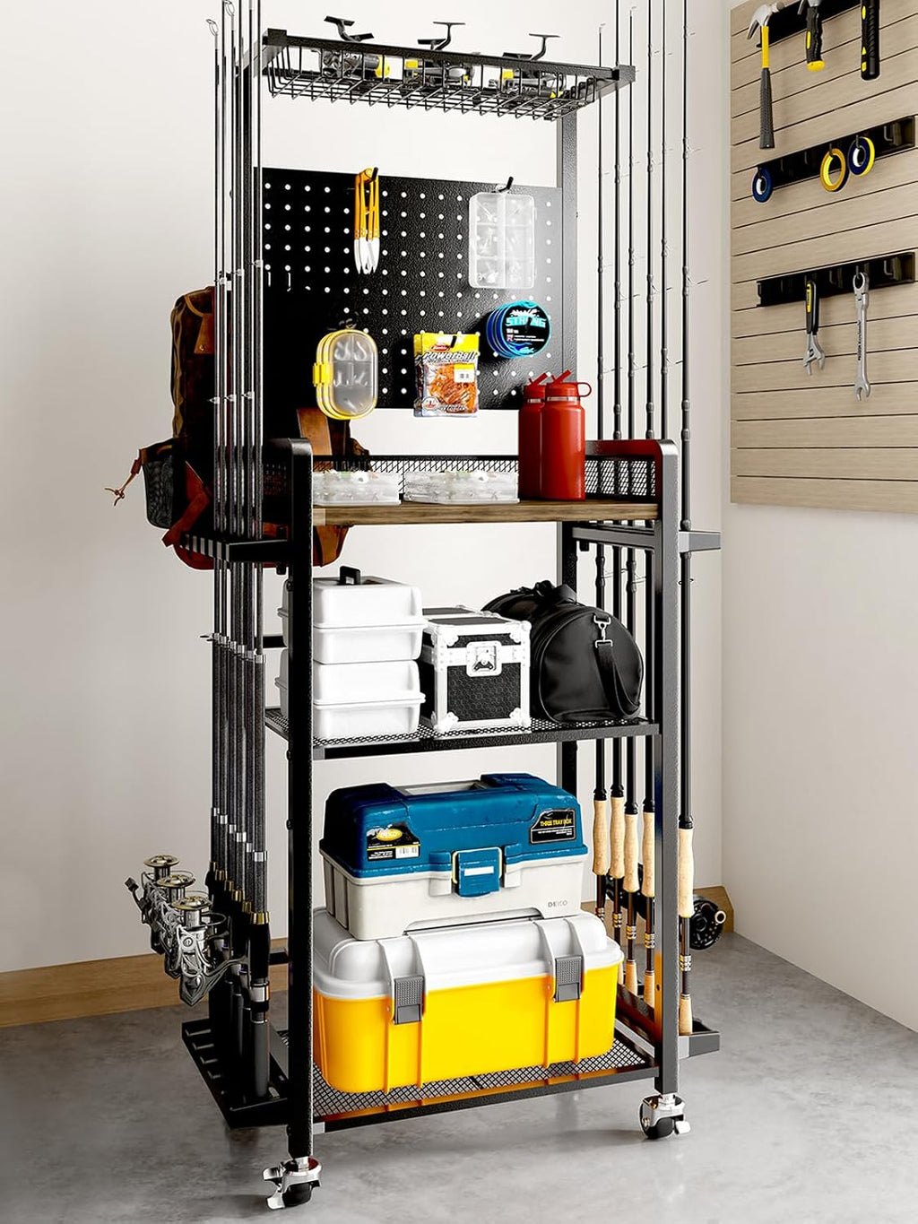 SOYEEZE Fishing Rod Holders for Garage,Fishing Gear Holder for Fishing Rod Tackle Box Storage，Fishing Pole Holders for 12 Rods with Hooks and Pegboard,Fishing Cart with Reel Rack, Large Size