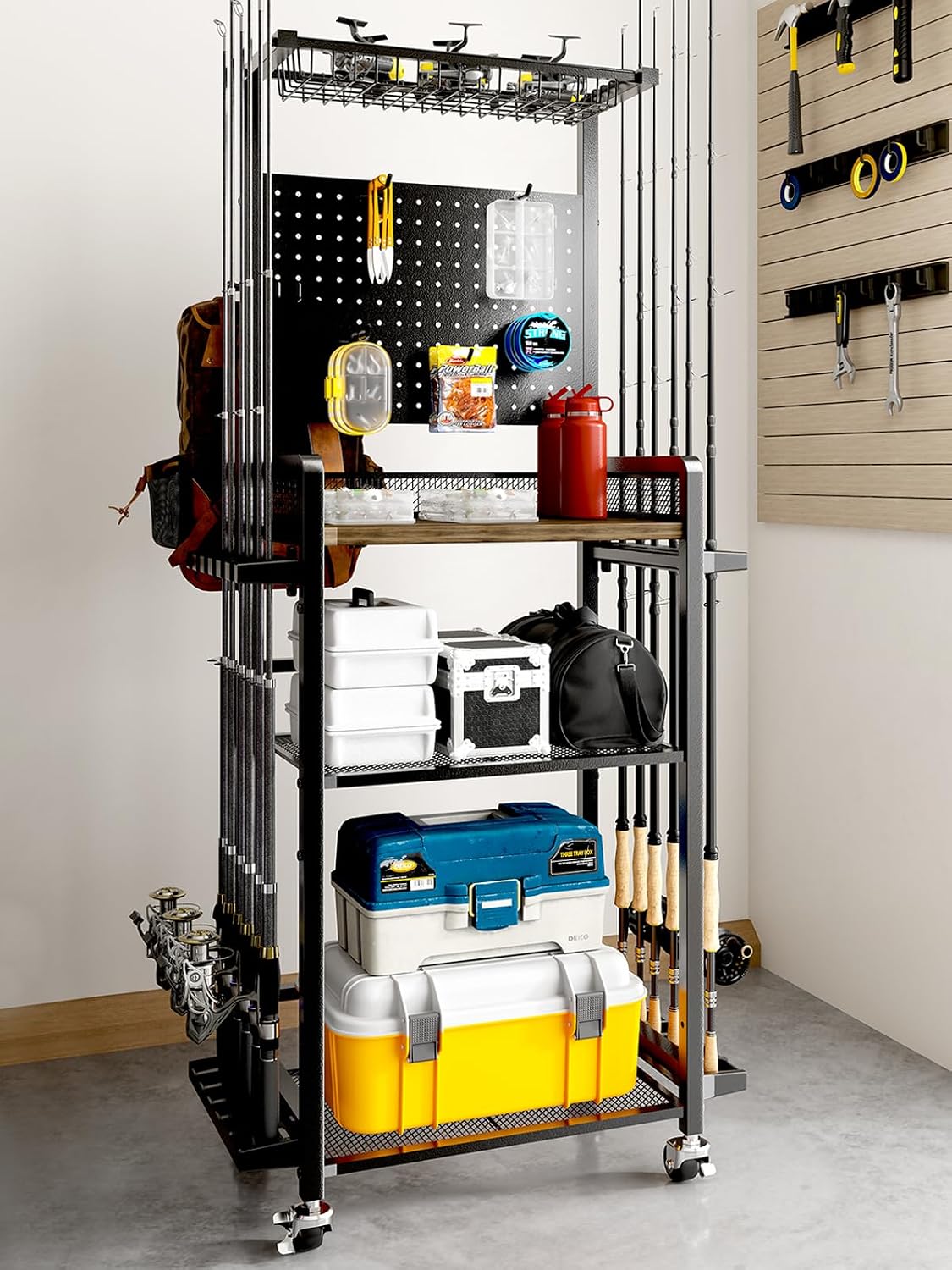 SOYEEZE Fishing Rod Holders for Garage,Fishing Gear Holder for Fishing Rod Tackle Box Storage，Fishing Pole Holders for 12 Rods with Hooks and Pegboard,Fishing Cart with Reel Rack, Large Size