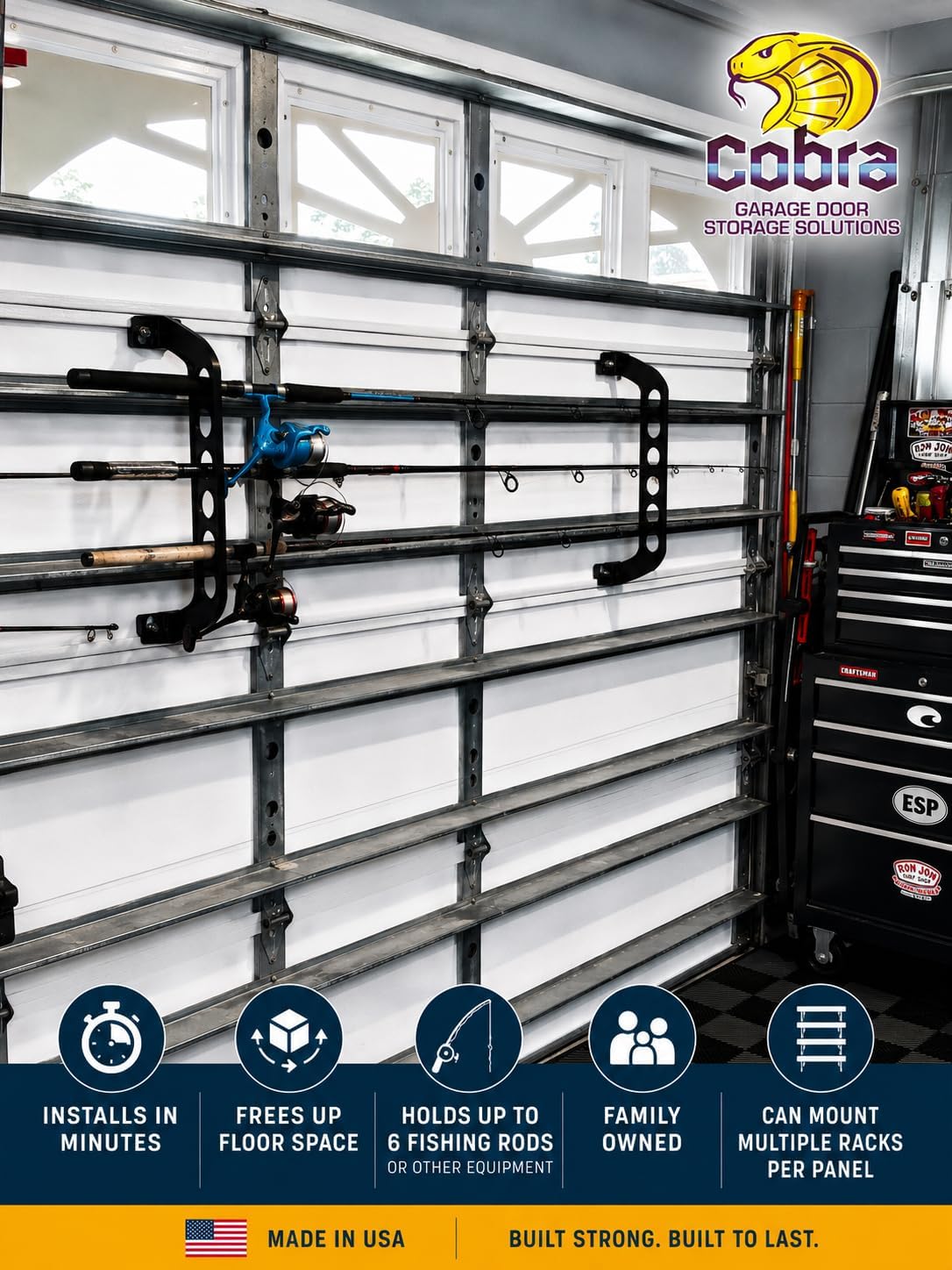 Cobra Storage Garage Door Storage Rack - 21" Black ABS Plastic Fishing Rod Holder - Ultimate Garage Organization for Fishing Gear and Equipment, Saltwater Fishing Gear (1 Pack)