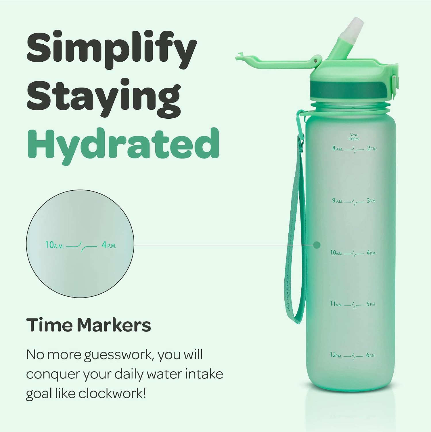 Hydracy Motivational Water Bottle with Time Marker and Straw Lid 32 oz