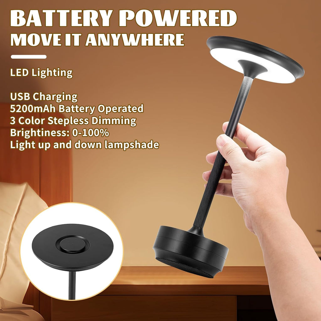 Rechargeable Cordless LED Table Lamps Touch Sensor Light, 3-Levels Portable Dimming Wireless Battery Operated Lamp，Nightstand Lamp/Night Light/Restaurant Table/Outdoor/Coffee/Bar (Black)