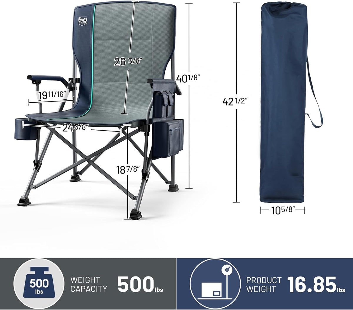 TIMBER RIDGE Oversized Folding Camping Chair High Back 500lbs