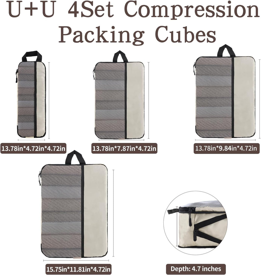U+U 4 Set Compression Packing Cubes, Travel Organizers (Cream)