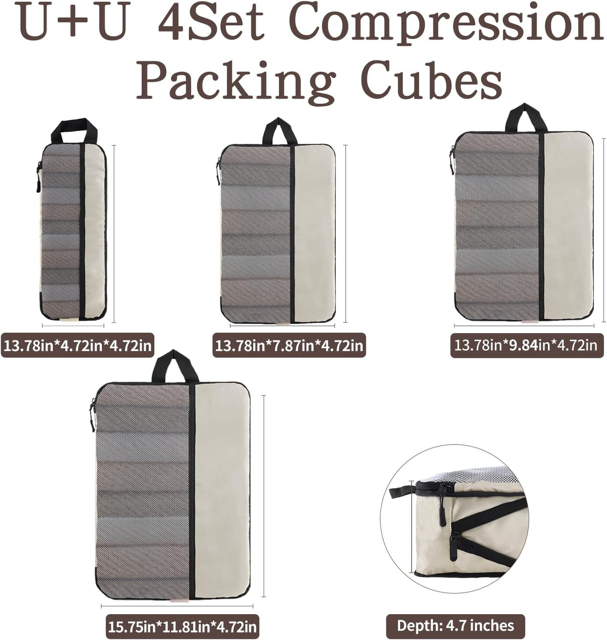 U+U 4 Set Compression Packing Cubes, Travel Organizers (Cream)