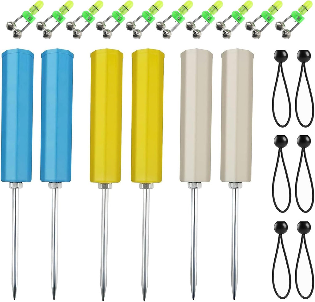 6pack Fishing Rod Holder Ground Support with Bite Alarm Bells, Bungee Cords