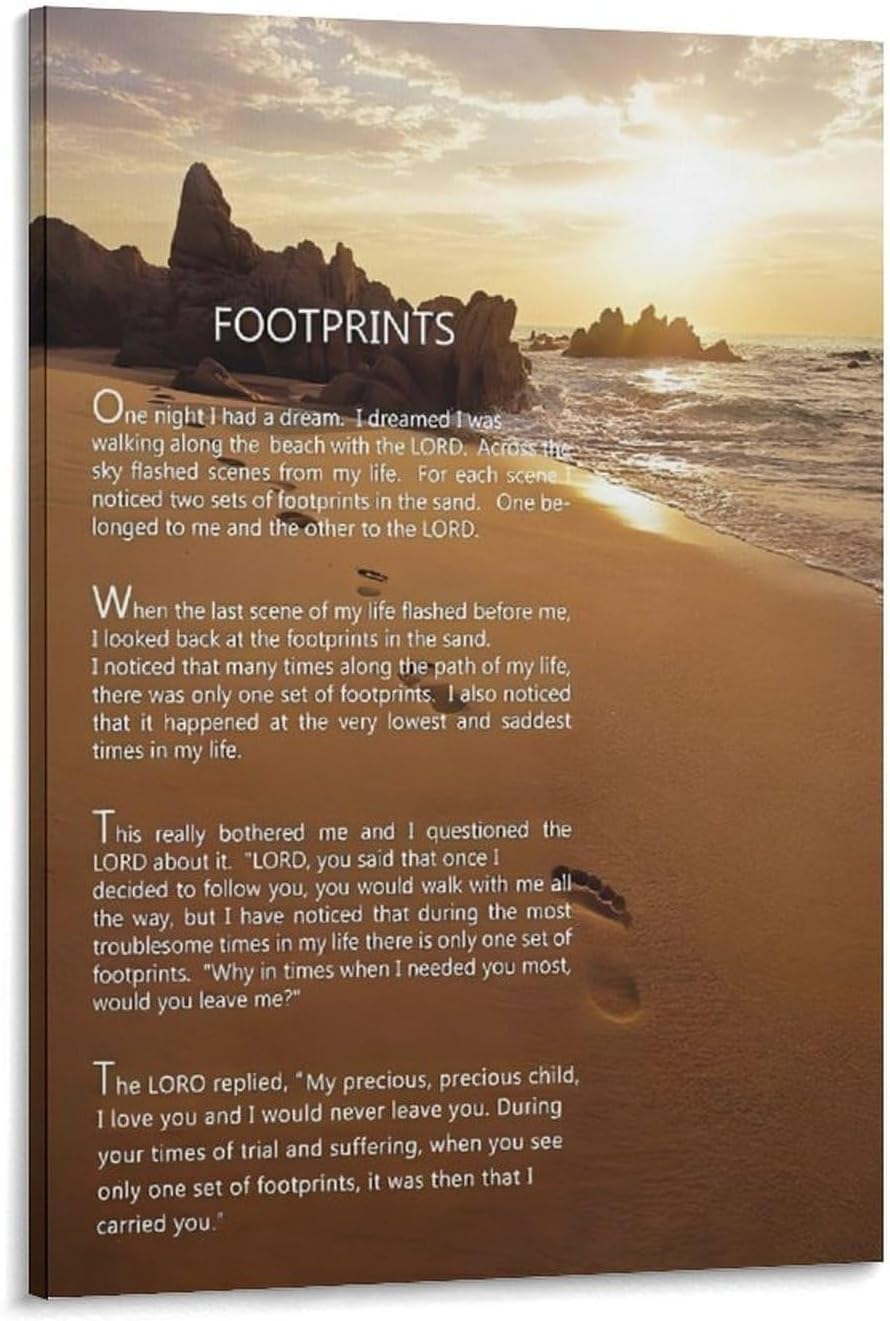 Footprints in the Sand Religious Canvas Wall Art Posters, Inspirational Beach Sunset Poem Print Poster (Framed 24x36inch, Footprints(2))