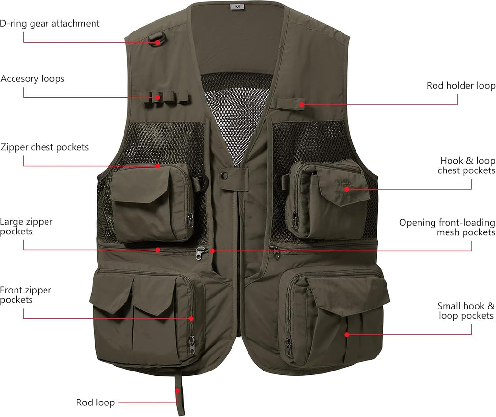 BASSDASH Men's Women's Utility Fishing Cargo Vest Outdoor Safari Photography Work Vest with Multi Pockets Mesh Back FV14