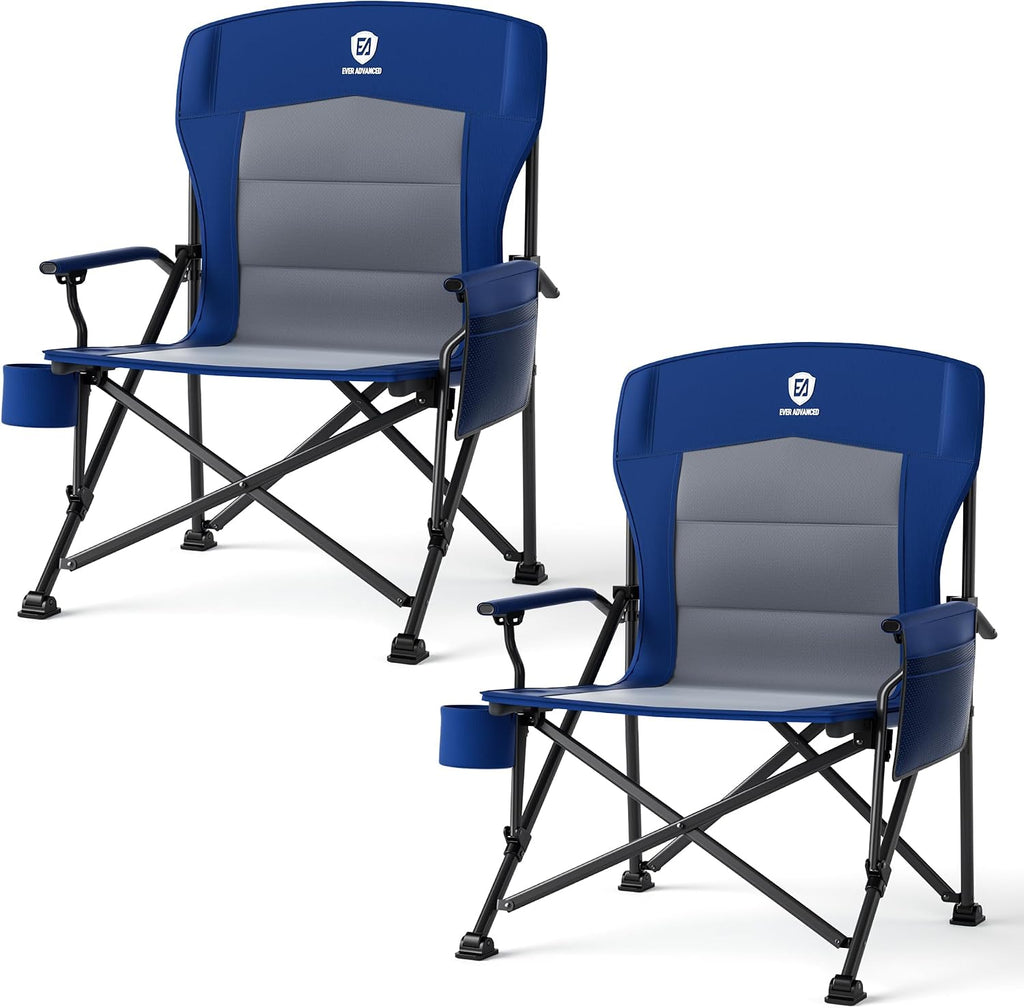EVER ADVANCED Oversized Folding Camping Chair for Adults, Heavy Duty Lawn Chair with Side Pockets, Portable Collapsible Quad Chair for Outside, Support Up to 500lbs, Blue 2PACK
