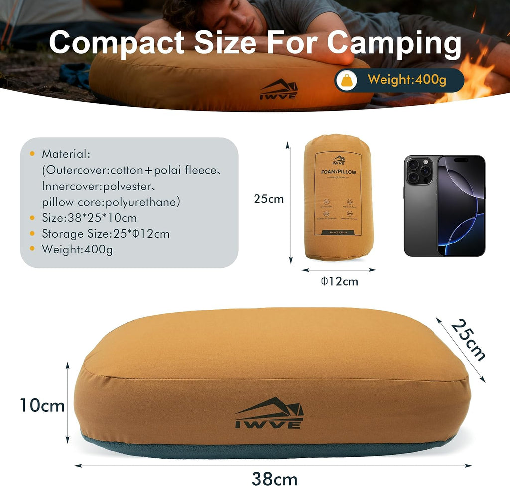 Thick Camping Memory Foam Pillow, Compressible & Ultralight Travel Pillow for Backpacking - Ergonomic Neck & Lumbar Support for Side Sleepers, Compact for Hiking, Car, Airplane