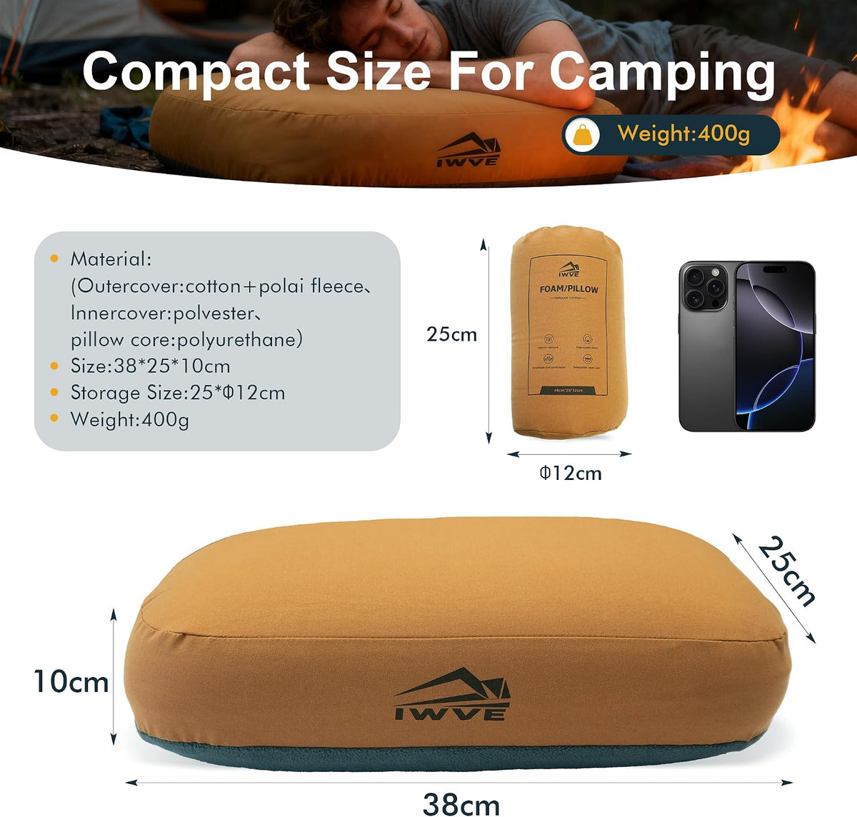 Thick Camping Memory Foam Pillow, Compressible & Ultralight Travel Pillow for Backpacking - Ergonomic Neck & Lumbar Support for Side Sleepers, Compact for Hiking, Car, Airplane