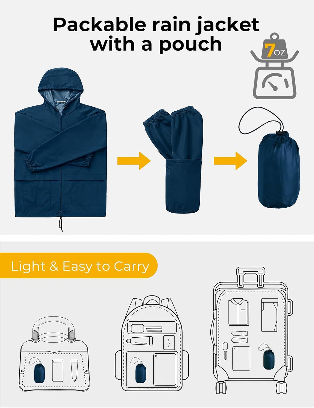 COOFANDY Mens Packable Rain Jacket Lightweight Waterproof Raincoat with Hood Outdoor Rain Gear Travel Hiking Cycling