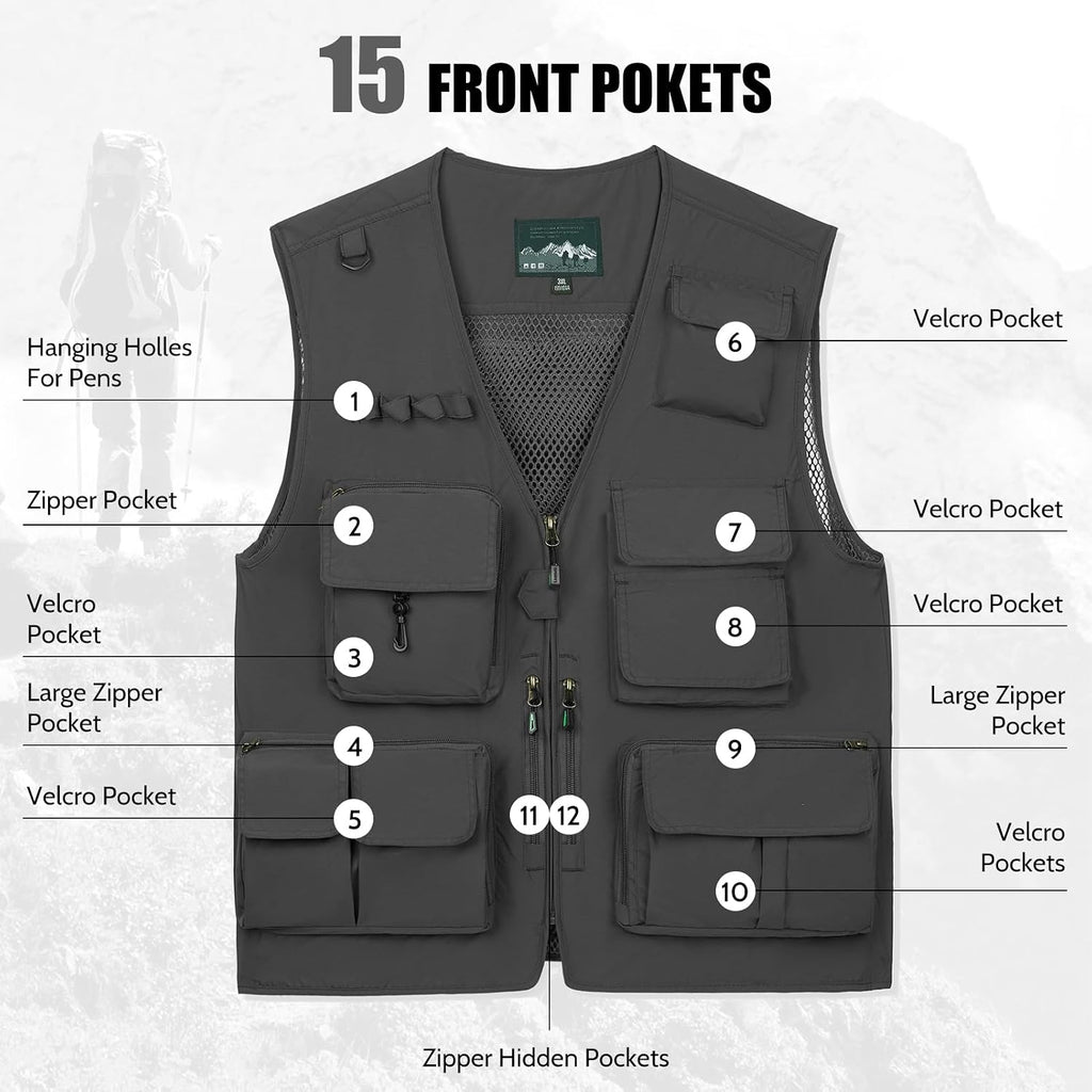 AOTORR Mens Outdoor Work Safari Cargo Photo Travel Fishing Vests for Men with Multi-pockets