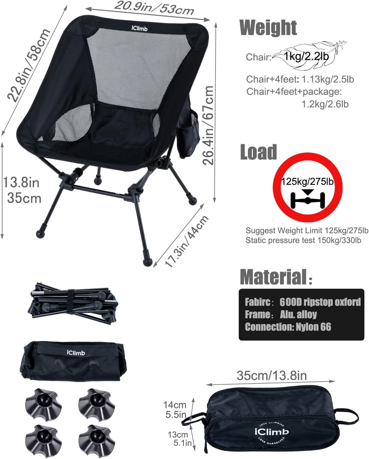 iClimb Ultralight Compact Folding Anti-Sinking Chair, Black