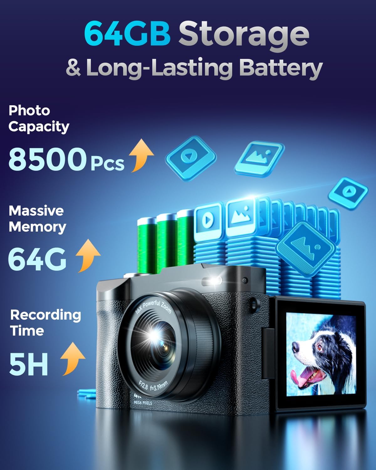 4K Digital Camera for Photography- 48MP Autofocus Vlogging Camera with 2.8" 180° Flip Screen, 16X Digital Zoom- Compact Point and Shoot Camera with 64GB SD for YouTube, Travel, Beginners