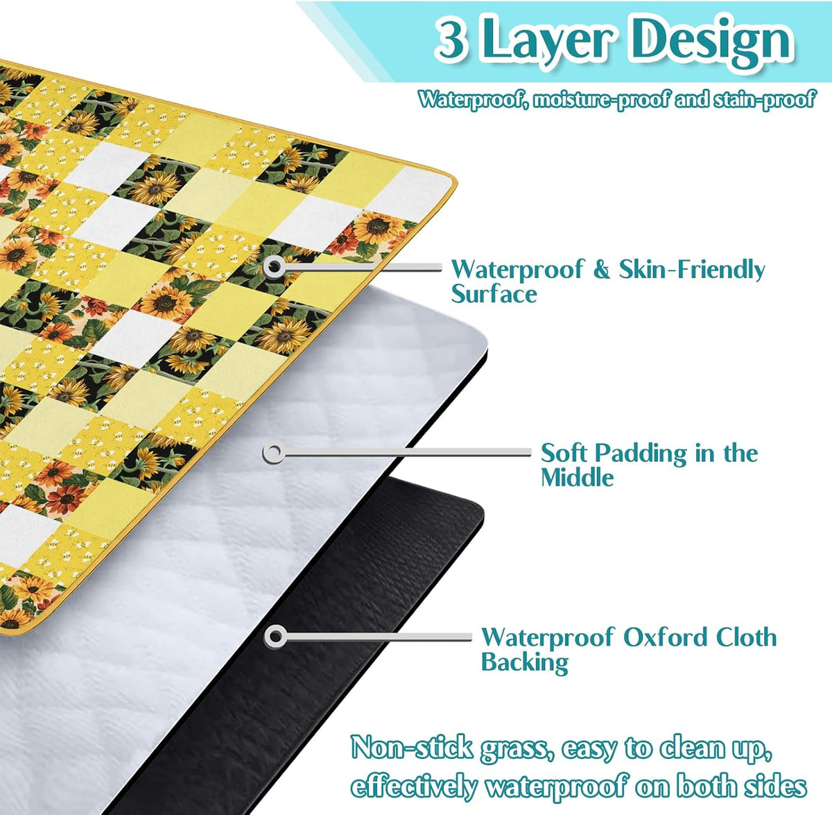 Checkered Picnic Blankets Waterproof Foldable, 60″X80″Sunflower Picnic Mat Outdoor Blanket for Grass, Cute Bee Thick Beach Blanket Sandproof Picnic Accessories for Camping Party Park Patio