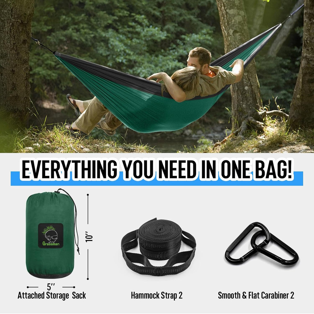 Grassman Camping Hammock Double & Single Portable Hammock with Tree Straps, Lightweight Nylon Parachute Hammocks Camping Accessories Gear for Indoor Outdoor Backpacking, Travel, Hiking, Beach