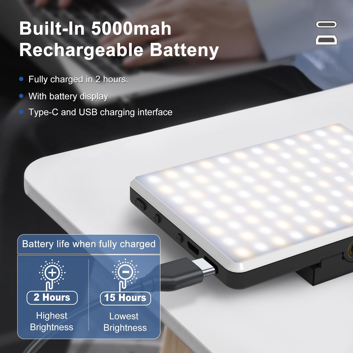 Selfie Light, Phone Light with Front & Back Clip, 60 LED Portable Light with 3 Modes, 5000mAh Rechargeable Video Light for Phone, iPhone, IPad, Laptop, TikTok, Makeup, Live Stream, Vlog(Black)
