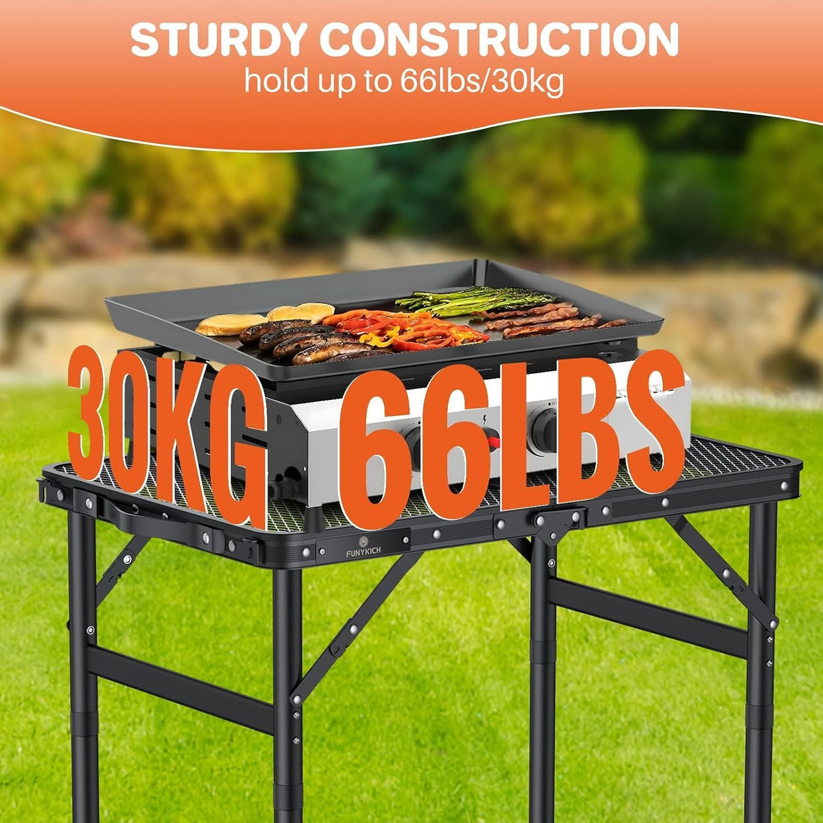 2ft Folding Grill Table 23''x16'', 3 Adjustable Heights Max 27.5'', Black
