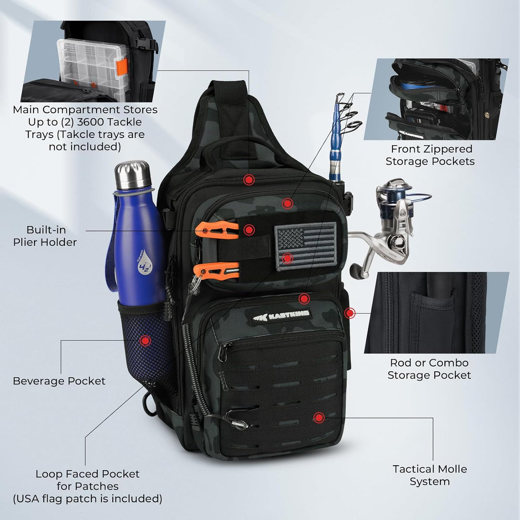 KastKing Blowbak Fishing Sling Bag, Fishing Backpack with Rod Holder