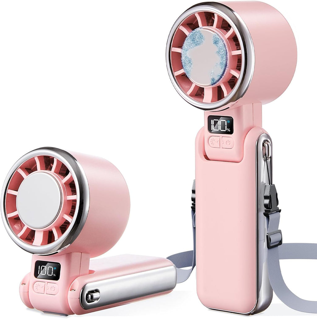 SHEWIND Portable Handheld Fan with Ice Cooling - 5 Gear High Speed Personal Turbo Fan Rechargeable, Up to 11 Hrs, Mini Hand Fans for Travel Essentials, Beach Vacation, Gifts for Women, Men (Pink)