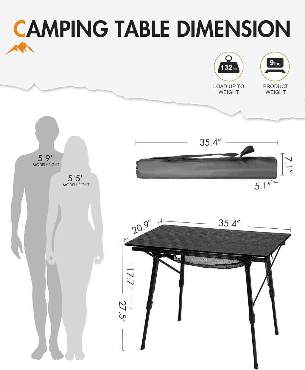 Portal Camping Table, Folding Aluminum Outdoor Table with Mesh Layer