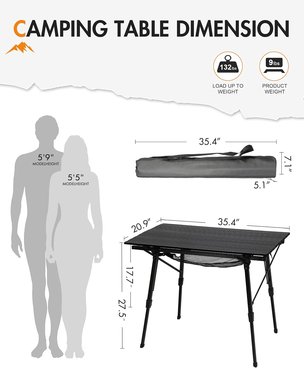 Portal Camping Table, Folding Aluminum Outdoor Table with Mesh Layer