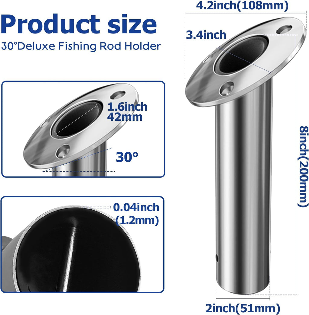 Fishing Rod Holder 2 Pack, 316 Stainless Steel 15/30/90 Degree Rod Holders for Fishing Boat, Flush Mount with Cap, Heavy Duty