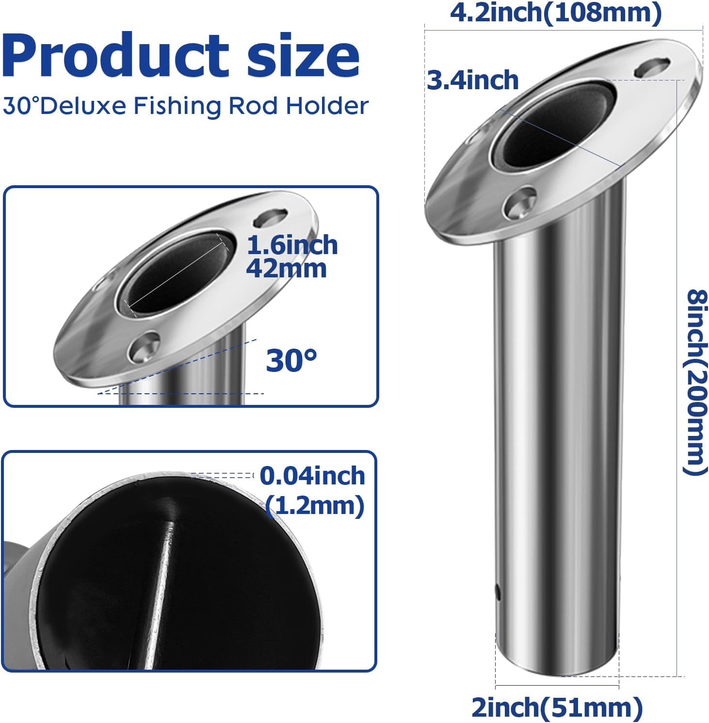 Fishing Rod Holder 2 Pack, 316 Stainless Steel 15/30/90 Degree Rod Holders for Fishing Boat, Flush Mount with Cap, Heavy Duty