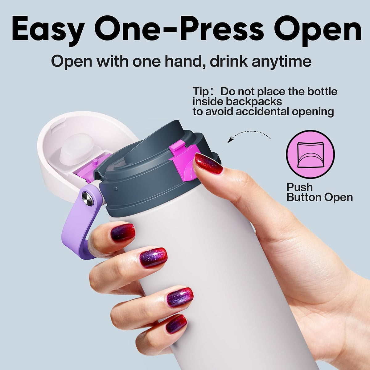 Insulated Water Bottle with Straw - Encool Stainless Steel Water Bottle with Push Button Lid, Leak-Proof & BPA-Free, Keeps Cold for 24 Hours for Sports, Travel, Gym (24 oz, Oyster Pink)