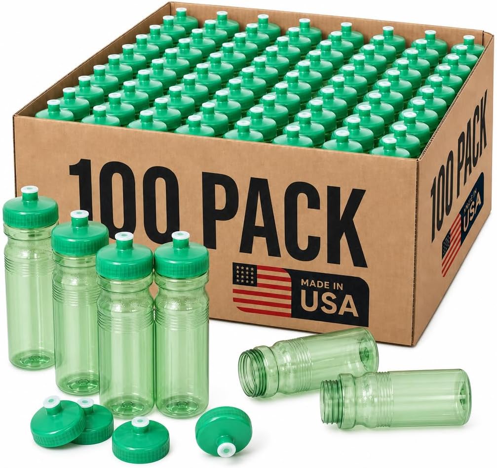Rolling Sands Reusable Bulk Water Bottles 100 Pack - 24 Oz Sports Water Bottles, USA Made, BPA-Free, Wide Mouth for Easy Cleaning, Break Resistant - Translucent Green Bottle/Green Lid