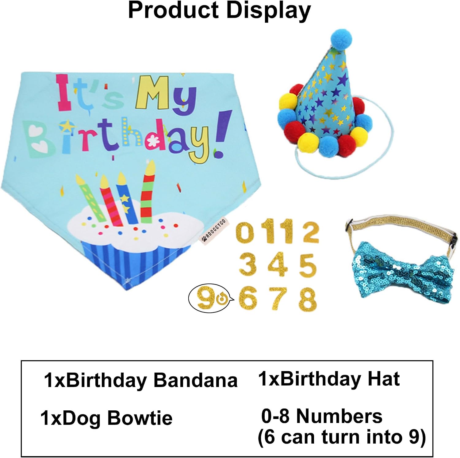 ADOGGYGO Dog Birthday Hat, Blue Birthday Boy Bandana with Bow Tie, Large