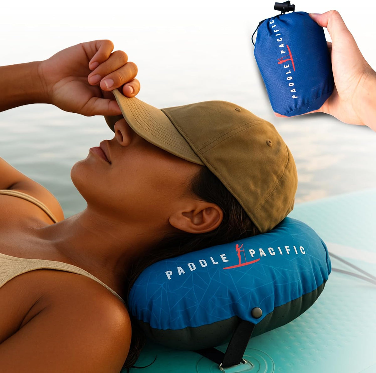 Inflatable SUP Paddle Board Pillow - Waterproof Self Inflatable Compact Travel Pillow - Also Great for Camping, Airplanes, Hammocks & More - Adjustable Neck Support with Built in Anti-Slip Straps