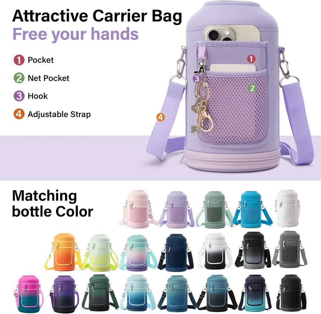 DYSANKY Insulated Water Bottle w/Straw Lid & Portable Carrier Bag, 64oz