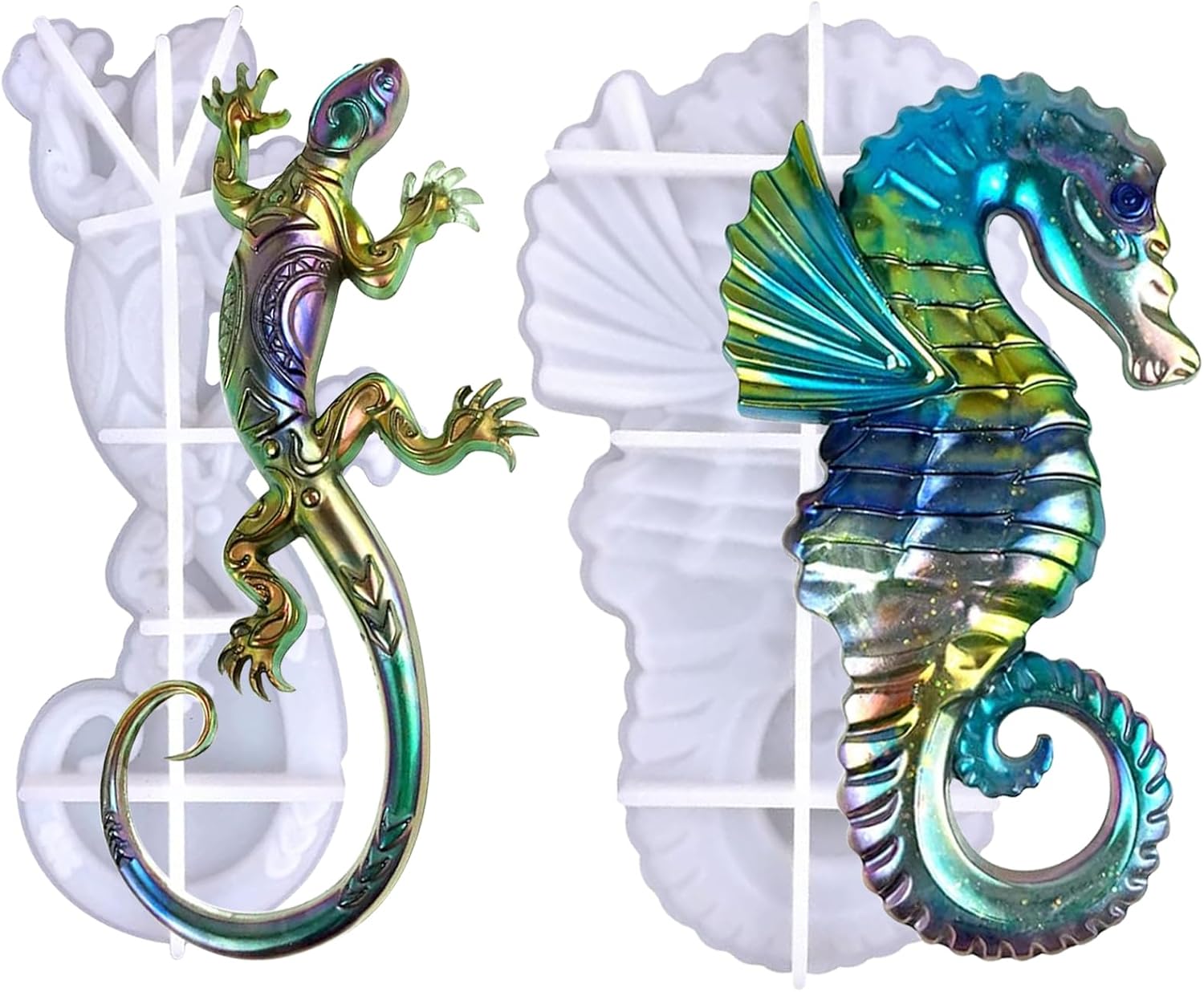 2 Pcs Gecko Seahorse Resin Molds Silicone, Lifelike Lizard Hippocampus Decor Moulds, 3D Large Animal Silicone Epoxy Mold for DIY Resin Crafts,Wall Hanging Home Decor Halloween Christmas Gifts