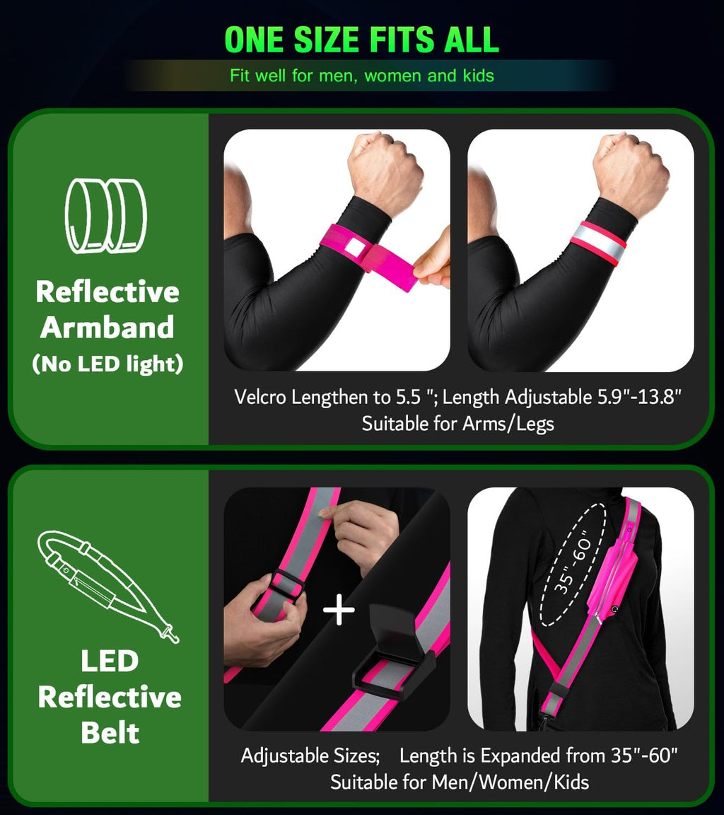 Ylzzrs LED Belt Reflective Sash for Walking at Night,High Visibility Adjustable Night Running Safety Gear,Light Up Running Belt Reflective Gear with Phone Bag/Armband for Runners Walkers Men Women