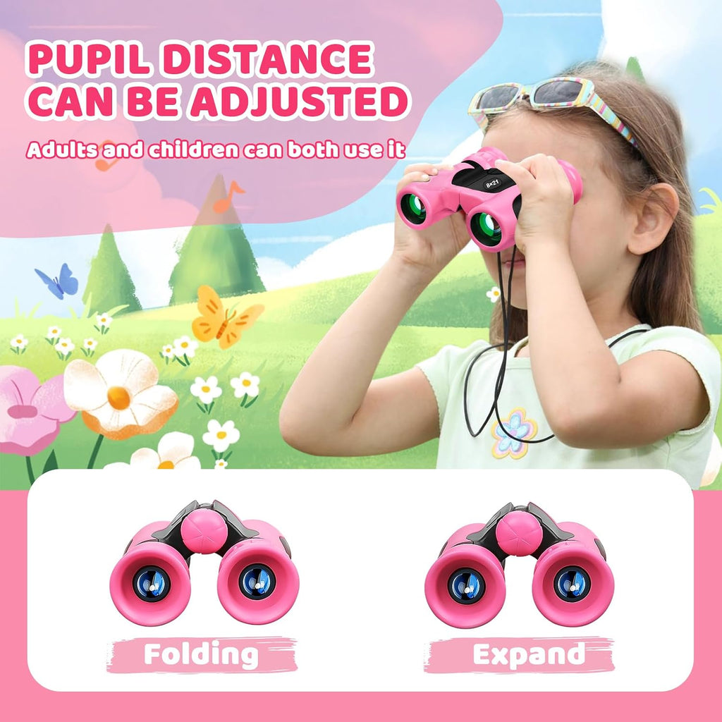 BLACKICE Binoculars for Kids, High-Resolution 8x21, Kids Binoculars Gift Set for Boys & Girls, Shockproof & Compact for Bird Watching, Travel, Hiking, Camping, Hunting, Children Outdoor Gear (Pink)