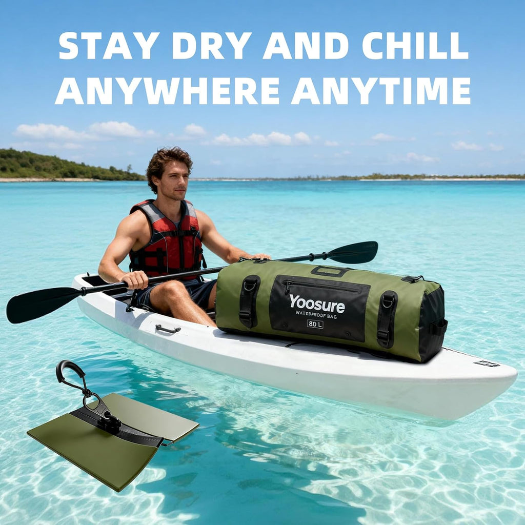 80L Waterproof Duffel Bag Motorcycle Dry Bag Backpack, Waterproof Zippered Bags with Backpack Spacer Pad for Kayaking Rafting Boating Canoeing Camping Paddle Beach (Green)